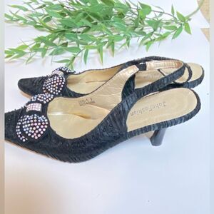 John Fashion Women's Black Beaded Slingback Pointed Toe‎ Kitten Heel Size 9